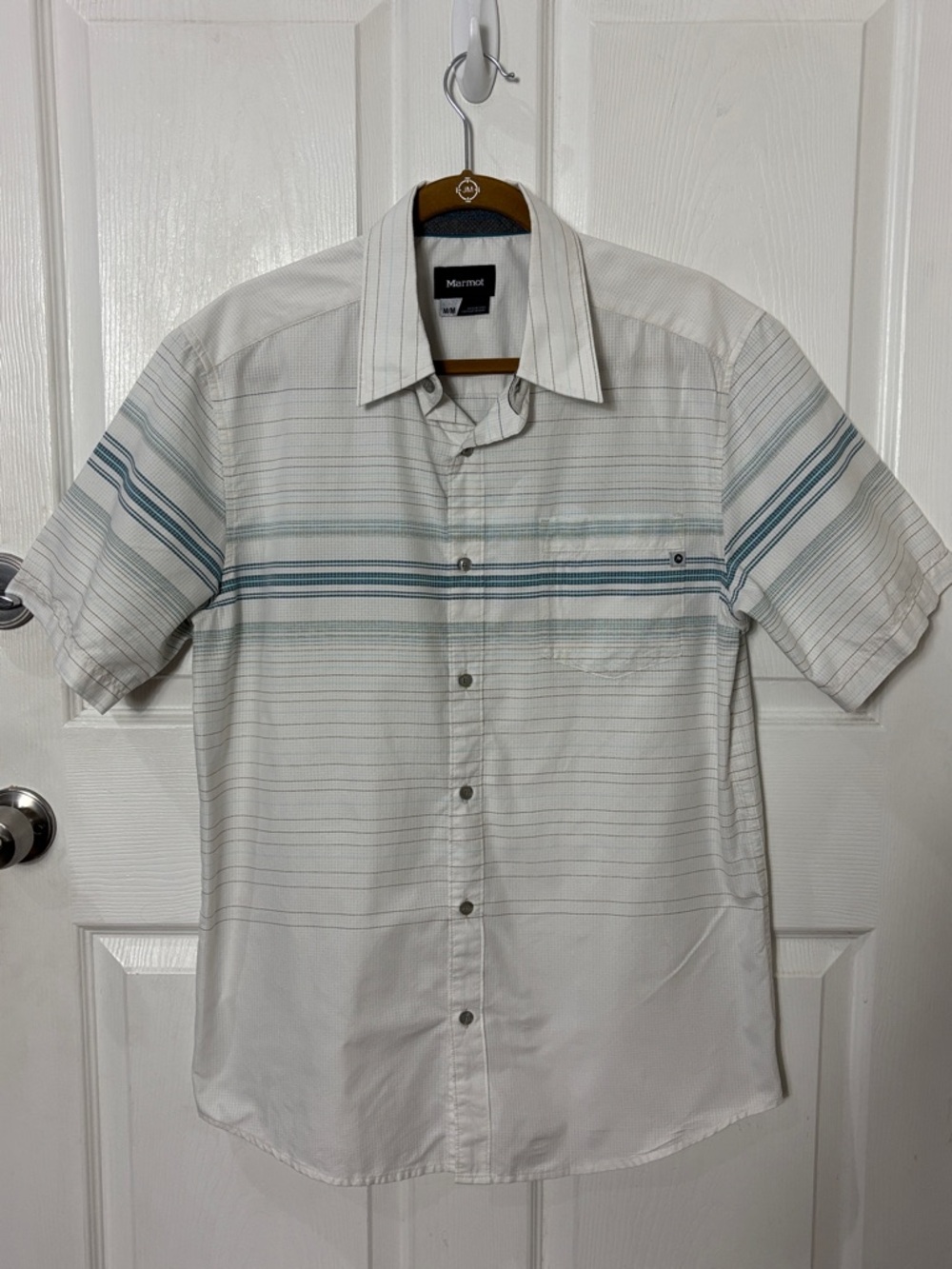Marmot Trek Polo White Short Sleeve Button-Up Shirt Teal and Gray Stripes Size M